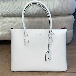 NEW Kate Spade Eva Medium White Ivory Pebbled Leather Top Zip Tote Satchel Bag
